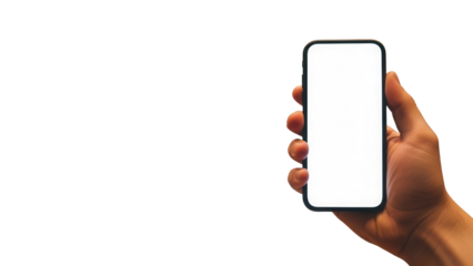 Hand holding smartphone with white display in front of blurred music studio Isolated on Transparent Background