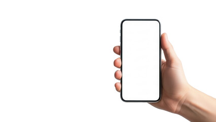 Hand holding smartphone with empty white screen over light blue textured background Isolated on Transparent Background