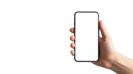 Hand holding smartphone with empty white screen over light blue textured background Isolated on Transparent Background