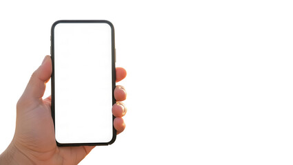 Hand holding smartphone with white display in front of blurred beach house Isolated on Transparent Background