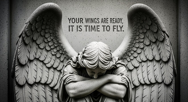 Stone angel statue with wings folded, head bowed in grief, conveying a sense of loss and reflection in a solemn, monochromatic setting.