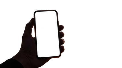 Hand holding smartphone with empty white screen in front of colorful sunset sky Isolated on Transparent Background