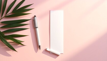 A flat lay of a green palm frond a white pen and cap and a blank paper strip on a pink background with soft diagonal shadows