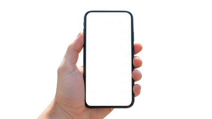 Hand holding smartphone with empty white screen in front of blurred rooftop garden Isolated on Transparent Background