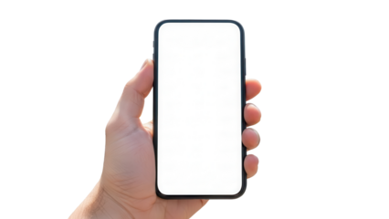 Hand holding smartphone with empty white screen in front of blurred rooftop garden Isolated on Transparent Background