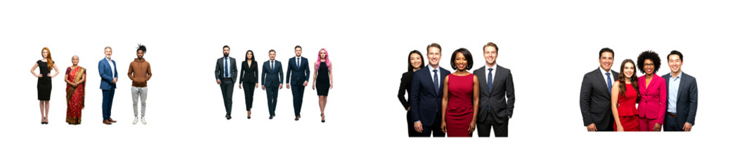 Diverse collection of multi-ethnic business people and professionals standing together in various groups, showcasing teamwork, inclusion, and corporate culture in a professional setting