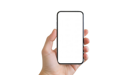 Hand holding smartphone with empty white screen in front of blurred modern kitchen Isolated on Transparent Background