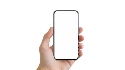 Hand holding smartphone with empty white screen in front of blurred modern kitchen Isolated on Transparent Background