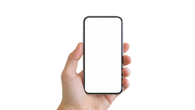 Hand holding smartphone with empty white screen in front of blurred modern kitchen Isolated on Transparent Background - Powered by Adobe