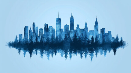Obraz premium City skyline blends with forest in a blue color scheme during a clear day