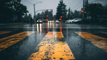 Rainy city street with crosswalk and traffic lights