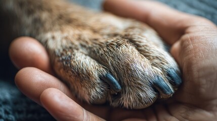 Dog paw in human hand close up