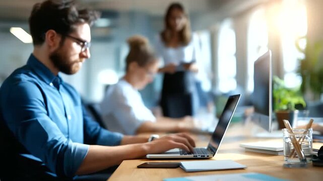 Flexible workspace with adaptable zones faceless employees defocused modern office remote option environment comfort workspace display location flexibility scene with copy