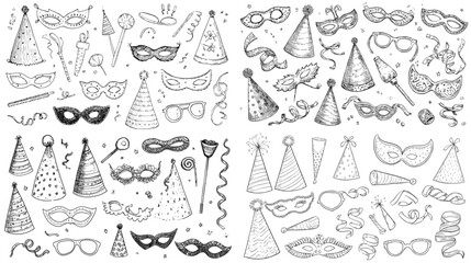 Fototapeta premium Cute hand drawn party doodle set with hats, masks, confetti and streamers, black and white sketch collection for birthday invitations, carnival posters and celebration design.