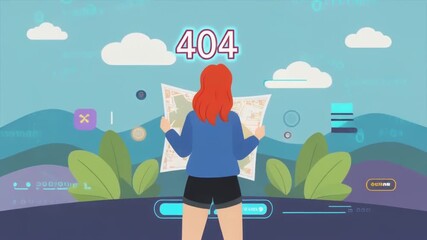 Woman with map in digital landscape facing 404 error concept