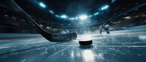 Hockey puck and stick on ice rink