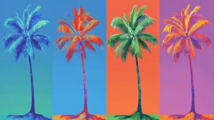 Obraz premium A vibrant quartet of palm trees, each rendered in a different, bold, and expressive color palette against solid backgrounds