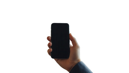 Hand holding smartphone with empty screen in front of modern fireplace Isolated on Transparent Background