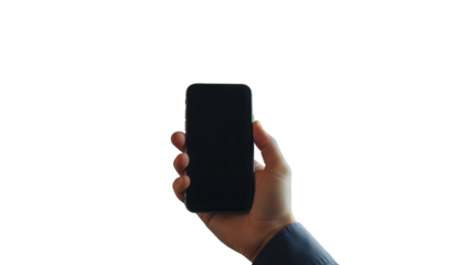 Hand holding smartphone with empty screen in front of modern fireplace Isolated on Transparent Background