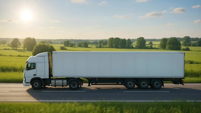 White semi-truck driving on highway with clear blue sky and lush green fields and trees in background. Large cargo truck on road with trailer on road, passing through scenic countryside