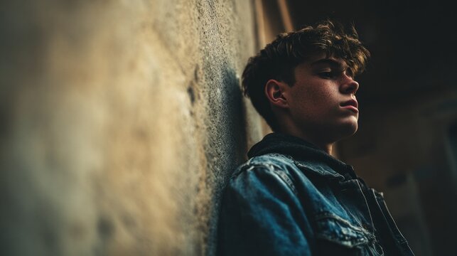 Young person leaning against a wall