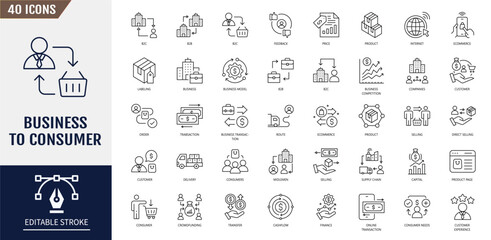 Business to consumer icon set. Containing business model, customer, service, selling, product, direct selling, retailer and more. Vector illustration