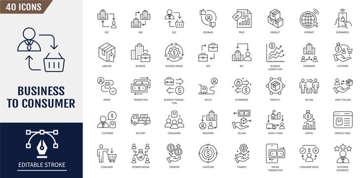 Business to consumer icon set. Containing business model, customer, service, selling, product, direct selling, retailer and more. Vector illustration