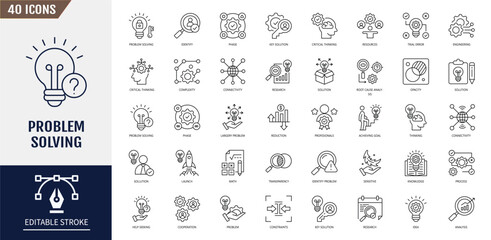 Problem solving icon set. Containing process, achieving goal, solutions, resources, knowledge, identify and more. Vector illustration