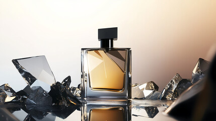 Bottle of perfume on a reflective surface with shards of glass around it during dim lighting