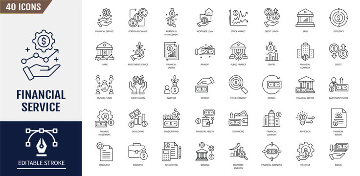 Financial service icon set. Containing bank, advisor, money, insurance, foreign exchange, mutual funds and more. Vector illustration