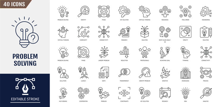 Problem solving icon set. Containing process, achieving goal, solutions, resources, knowledge, identify and more. Vector illustration