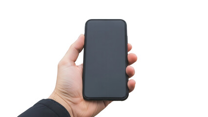 Hand holding smartphone with empty screen in front of blurred construction site Isolated on Transparent Background