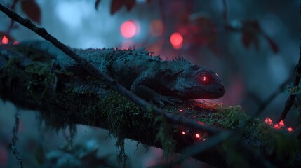 Lizard on tree branch with red lights in the forest