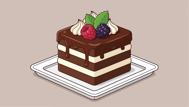 Delicious chocolate cake with berries and cream on a white plate.