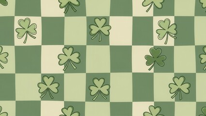 Vibrant green shamrock pattern on checkered background