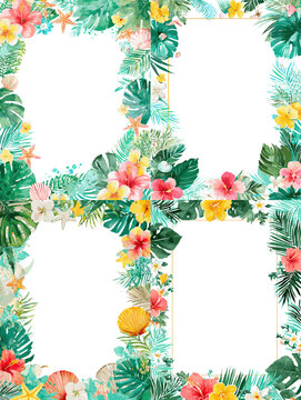 Tropical watercolor frame set with hibiscus flowers, palm leaves and lush greenery, bright summer borders with copy space for invitations, posters, wedding cards and banners.
