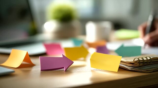 Colorful adhesive notes on surface showing direction options soft background online onsite choice display pandemic education work decisions digital transformation visualization