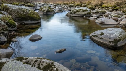 Serene river flowing through mossy rocks in natural landscape