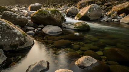 Serene river flowing through mossy rocks in natural landscape