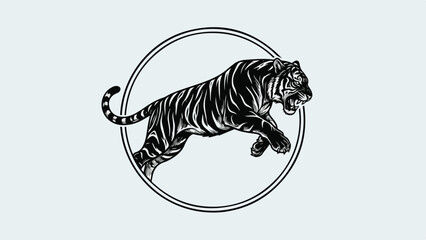 Dynamic Black and White Tiger Leaping within a Circular Frame.