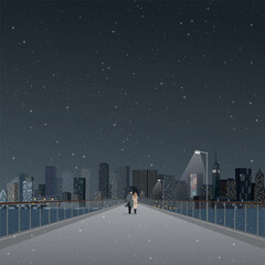 Cityscape in winter at night with couple of lover walking on pedestrian bridge across the river