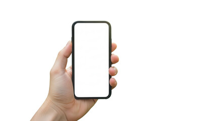 Hand holding smartphone with blank white screen against blurred green nature background Isolated on Transparent Background