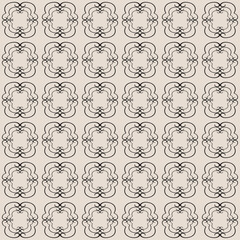 Sophisticated seamless pattern featuring intricate black filigree medallions and elegant scrollwork on a soft beige background Ideal for luxury textiles wallpaper and classical decor. Vector