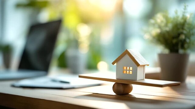 Building and house structure on scale device soft background flexible model illustration work life balance visualization location equilibrium concept workplace residence