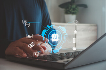 AI assistant technical support human artificial for data analysis intelligence technology, man pointing AI assistant dashboard their goal agentic workflow, advertising, marketing, automate, innovation