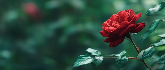 Close up of a vibrant red rose in a garden
