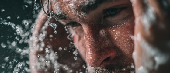 Man washing face water droplets close up