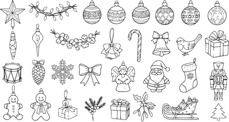 Hand-drawn Christmas Doodles Line Art Set. Festive Holiday Collection with Ornaments, Santa, Gingerbread Man, Nutcracker, Garland, Sleigh, and More for Coloring Books