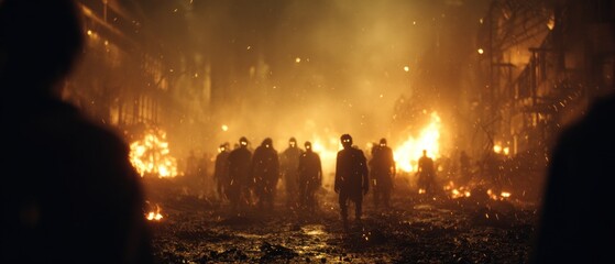 People walking through a burning city at night