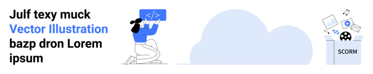 Cloud-based storage, e-learning tools, coding development, digital data transfer, educational content, technology. Woman coding, linked to a cloud and SCORM system. Cloud computing and e-learning